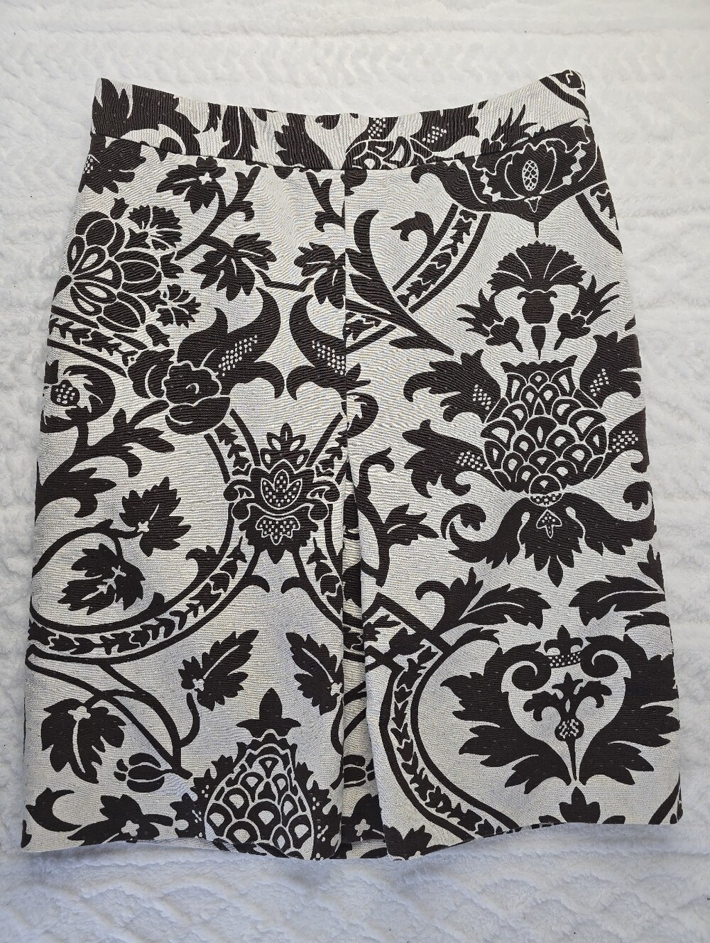 LOFT Linen Blend Skirt Ivory Brown Damask Print Short A-Line Box Pleat Lined 8